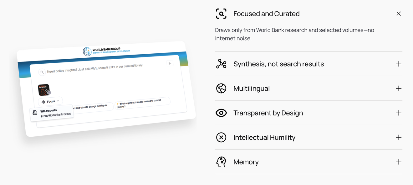 AVA start screen with a source selector set to World Bank reports, beside a note that AVA draws only from World Bank research rather than the open internet