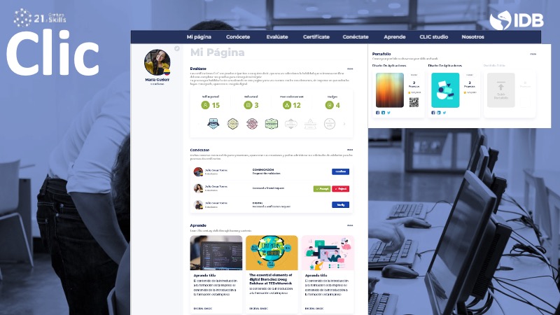 CLIC 'My Page' dashboard: a learner profile with skill scores and badges, a self-assessment section, an activity feed, learning modules, and a portfolio panel