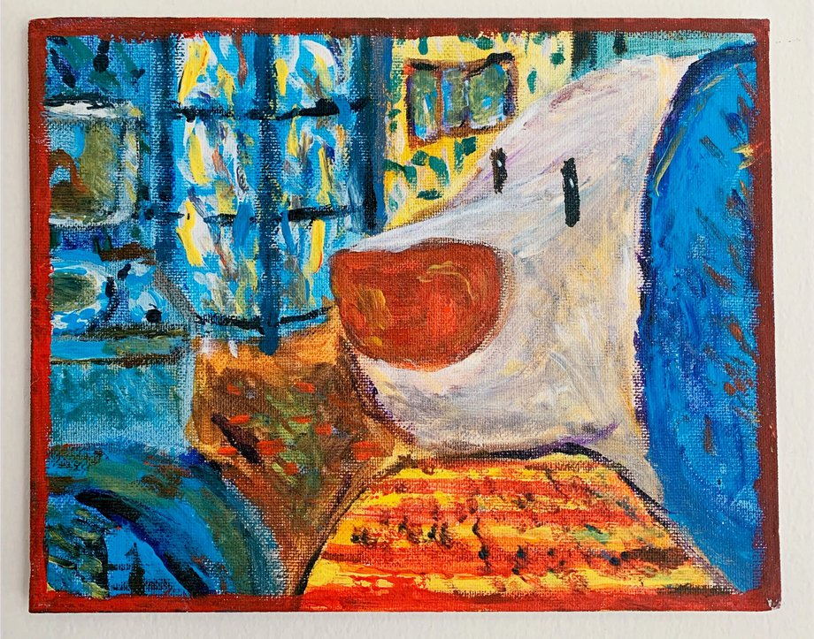 Expressive acrylic painting of a white dog's face with a red-orange nose, against vivid blue and yellow brushwork