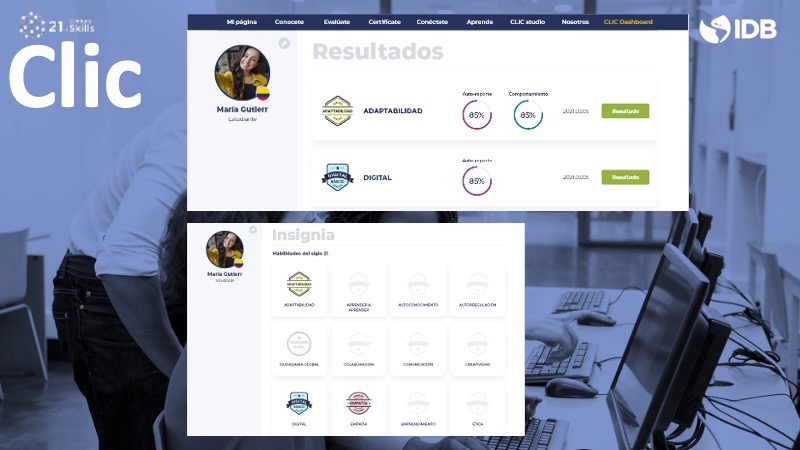 CLIC results page: skill assessment scores (adaptability, digital) with self-report and behavior percentages, and a grid of earned 21st-century-skill badges