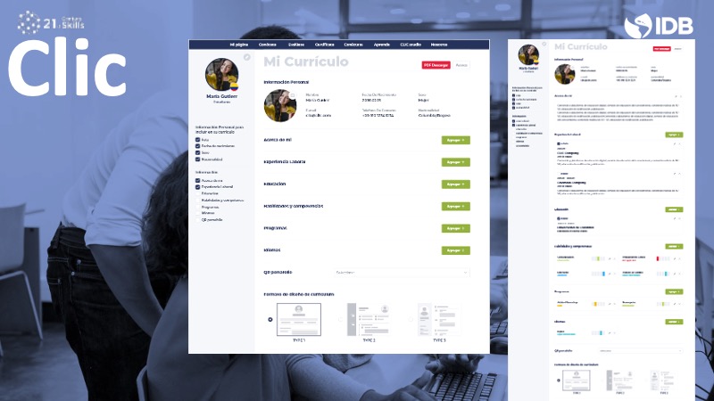 CLIC CV builder ('Mi Curriculo'): sections for work experience, education, and skills, with CV template options and a formatted CV preview