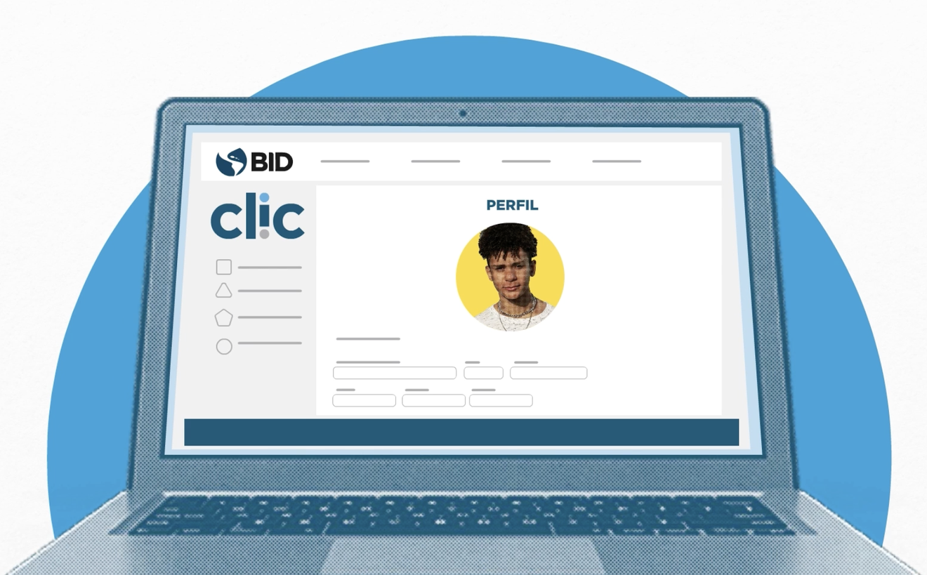 Illustration of the CLIC profile page on a laptop, showing a learner profile with the CLIC sidebar and IDB header
