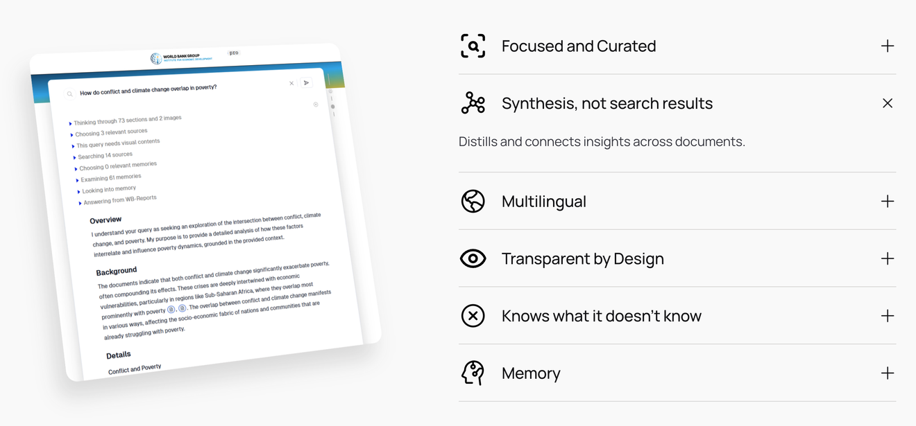 AVA answer view: a query on conflict, climate, and poverty showing the tool's reasoning steps and a structured, synthesized answer, beside a list of AVA features