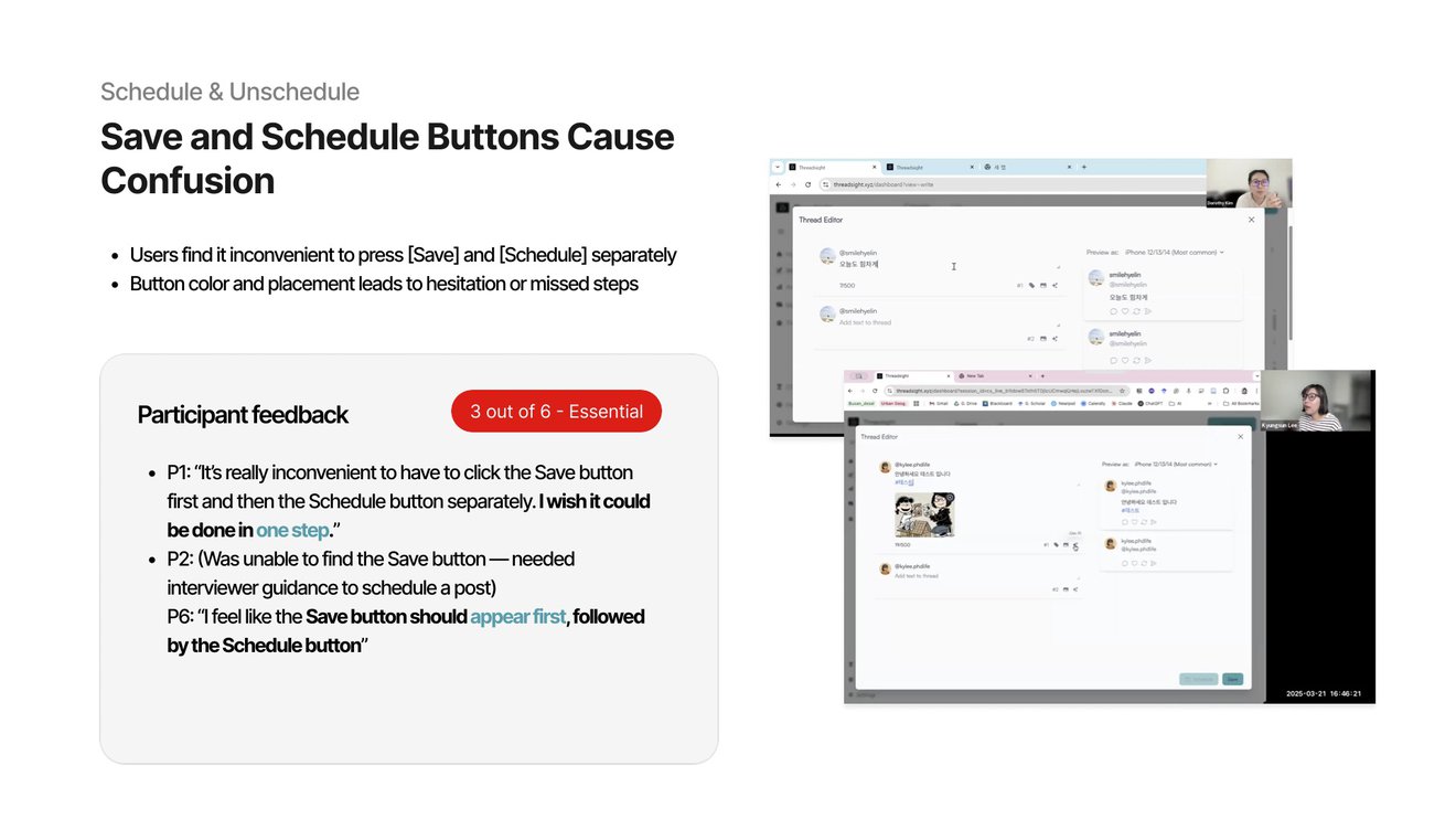 Threadsight finding that separate Save and Schedule buttons cause confusion, with participant quotes and thread-editor screenshots