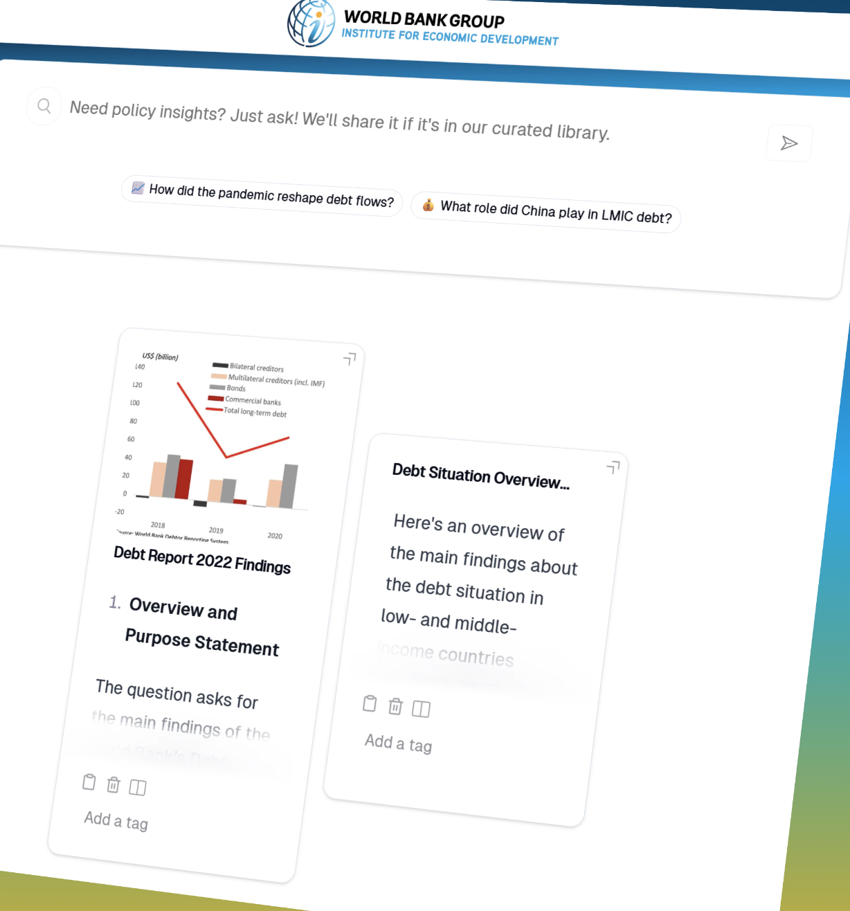 AVA interface with a World Bank Group header: a natural-language question prompt with suggested questions and answer cards, including a debt-by-creditor chart and a debt-situation summary