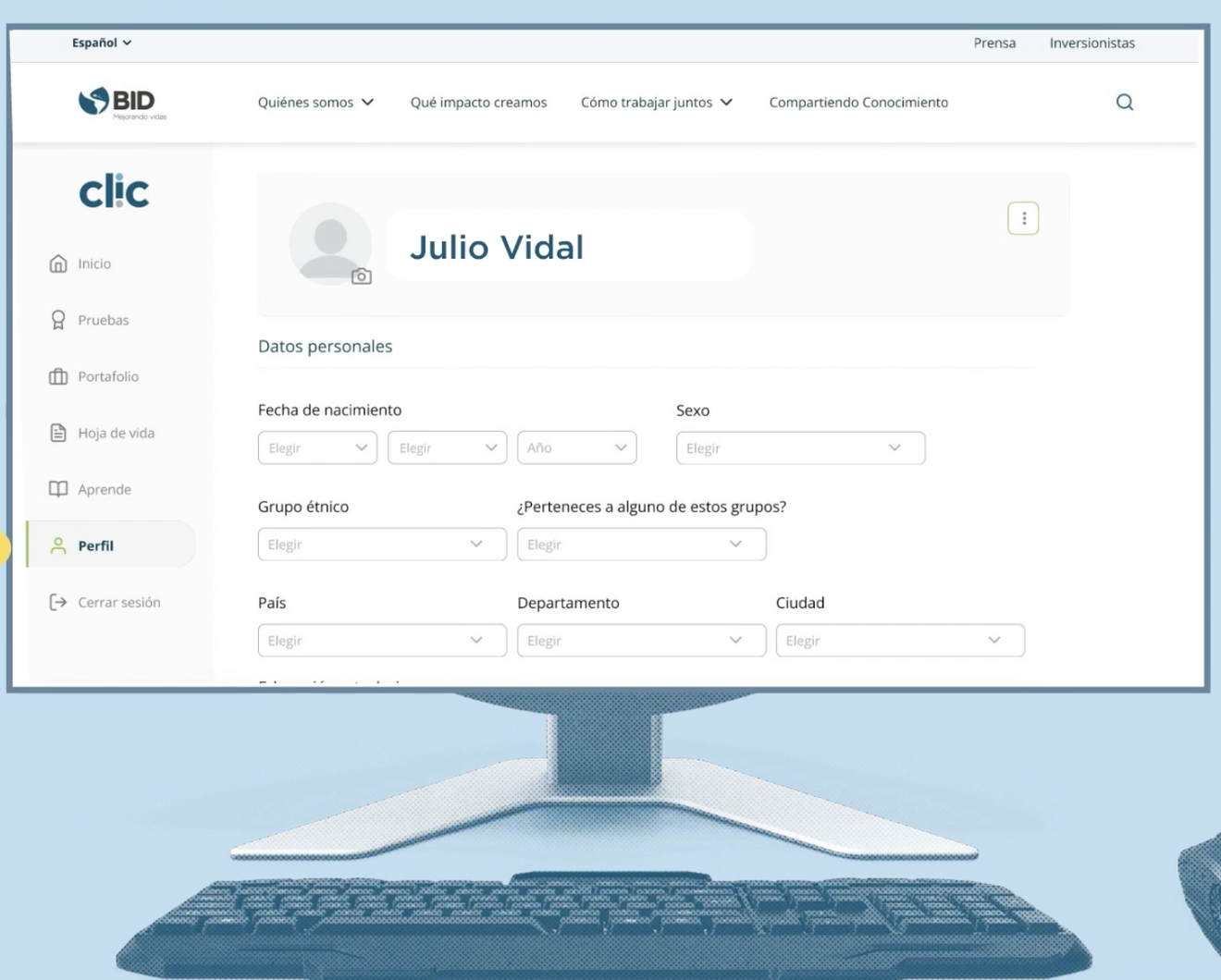 CLIC platform profile page: a personal-details form (date of birth, sex, ethnic group, country) with the CLIC sidebar and Inter-American Development Bank header