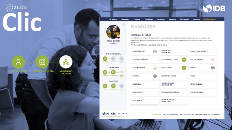 CLIC 'Assess yourself' page: a catalog of 21st-century skills to test, with the three measurement methods (self-report, behavior, and peer validation)