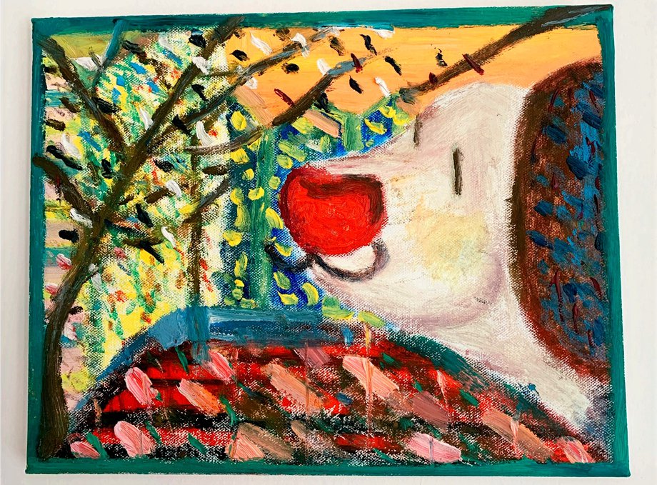 Expressive acrylic painting of a white dog's face with a bright red nose beside a bare tree, under an orange sky with green and red brushwork