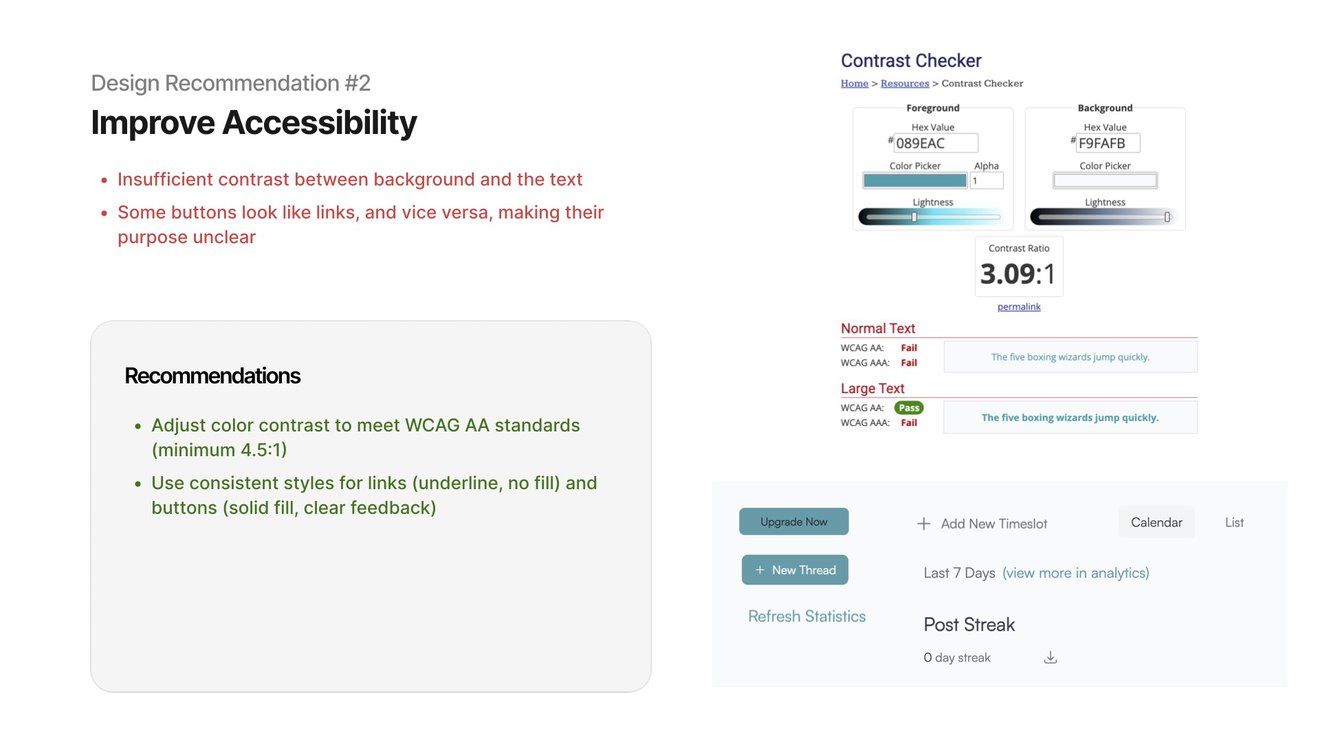 Threadsight accessibility recommendation: fix insufficient text contrast (a checker shows 3.09:1, failing WCAG AA) and make buttons and links visually distinct