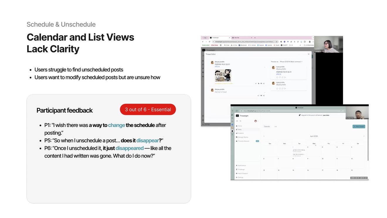 Threadsight finding that calendar and list views lack clarity, with participant quotes and screenshots of the thread editor and calendar view