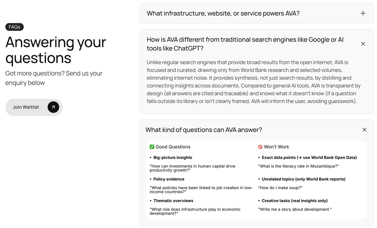 AVA FAQ page: a Join Waitlist button and answers explaining how AVA differs from general search and AI tools, with examples of questions it can and cannot answer