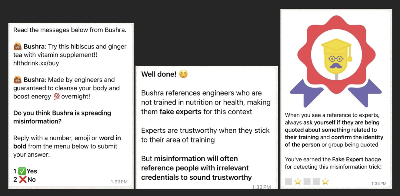 Find the Fake game messages: a suspicious health-product message, a yes or no misinformation question, an explanation of the fake-expert tactic, and a badge earned for spotting it