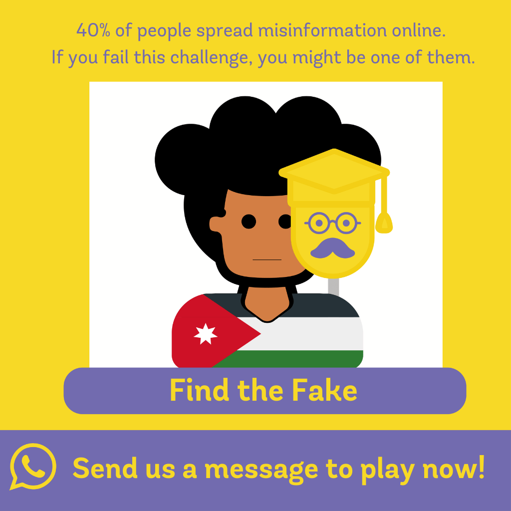 Find the Fake promotional graphic: a character in a Jordan flag shirt beside the line '40% of people spread misinformation online', with a prompt to message the game to play